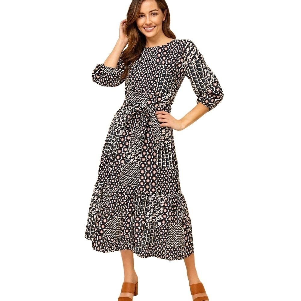 Noni B Dress Womens Size Medium Tall Patterned Belted Tiered Crew Neck Midi
